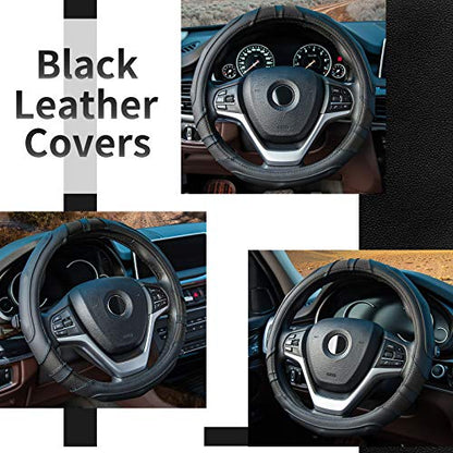 Achiou Black Car Steering Wheel Cover Universal 15 inch with Grip Contours, Leather Auto for Men and Women Non-Slip Breathable Soft and Comfortable