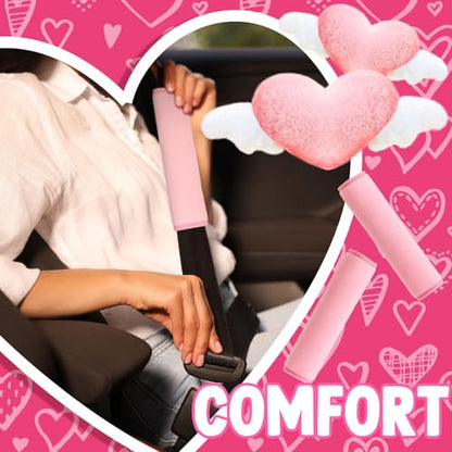 4 Pcs Car Accessories Set Include 2 Pcs Pink Heart Shaped Car Headrest Pillow with Angel Wings2 Pcs Pink Faux Fur Universal Seatbelt Cover Kawaii Soft Neck Rest Cushion for Truck SUV Decor