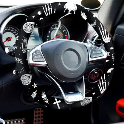 4 Pieces Black Moons White Stars Print Car Accessories Set Black Moons White Stars Steering Wheel Cover with 2 Pieces Car Cup Holder and Leather Keyring for Truck Suv(Horror Pattern)