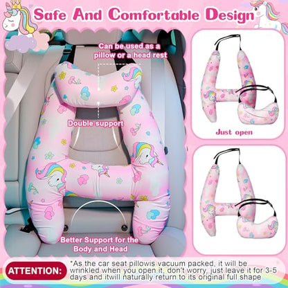 Chunful H-Shape Car Seat Pillow for Kids Car Travel Pillow for Kid Children Vehicle Sleeping Head Support Back Seat Adjustable Head Neck and Shoulder Support for Long Trips Sleeping (Unicorn)
