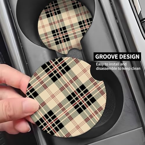 2 Pack Universal Ceramic Car Coasters，Ceramic Stone with A Finger Notch for Easy Removal of Car Cup Holder Coaster(Beautiful Plaid Tartan) - color: Beautiful Plaid Tartan