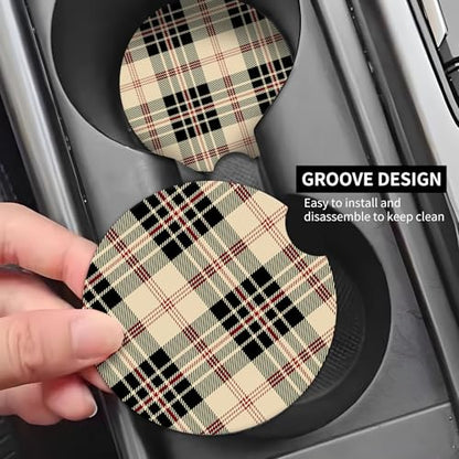 2 Pack Universal Ceramic Car Coasters，Ceramic Stone with A Finger Notch for Easy Removal of Car Cup Holder Coaster(Beautiful Plaid Tartan) - color: Beautiful Plaid Tartan