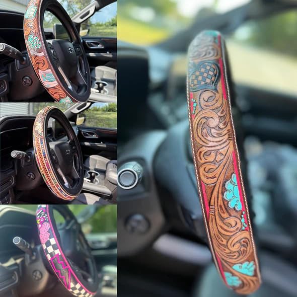 Western Steering Wheel Cover,Retro Western Cowboy Car Universal Steering Wheel Cover,Embossed Hand-Painted Leather Western Car Accessories, for Women Man, Anti-Slip Design Easy to Install (F) - color: F