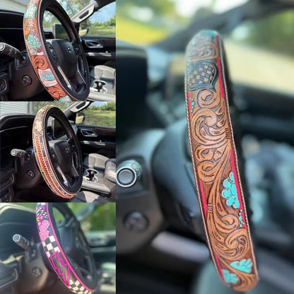 Western Steering Wheel Cover,Retro Western Cowboy Car Universal Steering Wheel Cover,Embossed Hand-Painted Leather Western Car Accessories, for Women Man, Anti-Slip Design Easy to Install (B) - color: B