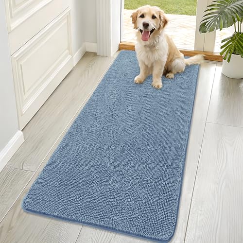 OLANLY Dog Door Mat for Muddy Paws 70x32, Absorbs Moisture and Dirt, Absorbent Non-Slip Washable Doormat, Quick Dry Chenille Mud Mat for Dogs, Entry Indoor Entryway Carpet for Inside Floor, Airy Blue - color: Airy Blue, size: 70" X 32"