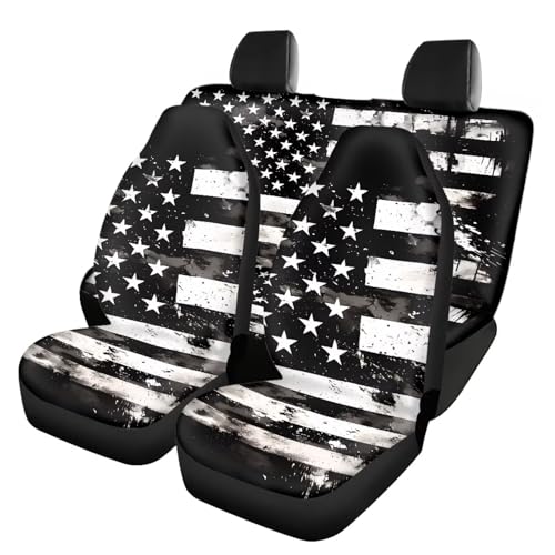 FUSURIRE Black USA Flag Print Car Seat Cover Full Set Car Seat Covers, Front Bench Seat Protector Full Set of 4 for Women Men Universal Fit for Most Vehicle，Independence Day - color: Black USA Flag Print