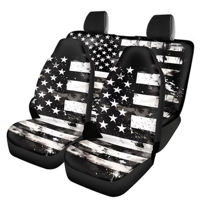 FUSURIRE Black USA Flag Print Car Seat Cover Full Set Car Seat Covers, Front Bench Seat Protector Full Set of 4 for Women Men Universal Fit for Most Vehicle，Independence Day - color: Black USA Flag Print