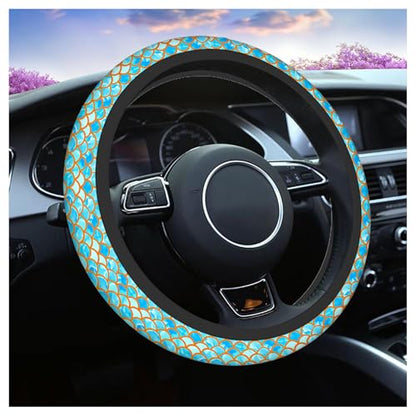 Swono Automotive Steering Wheel Covers Mermaid Scales Watercolor Blue and Gold Fish Scales Neoprene Car Wrap Cover Stretch-On Fabric Breathable Universal 15 Inch for Women Men - color: multi-065