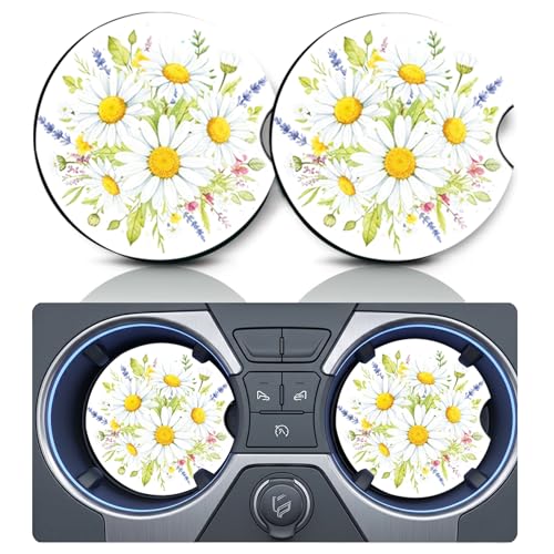 2PCS Daisy Car Cup Holder Coasters, Cars Coasters for Cup Holders, Anti Slip Rubber Mat with Finger Slot, Daisy Car Accessories Interior Decor, Daisies Gifts for Women, Men - color: Daisy