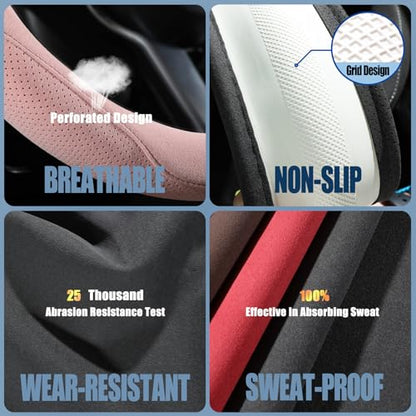 Pink Suede Steering Wheel Cover, Breathable Non-Slip Sweat-Proof Wear-Resistant No Pilling, Warm in Winter and Cool in Summer, Universal 15 inch - color: Pink, size: Round-M[14.5''-15'']