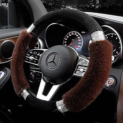 Achiou Rhinestone Fluffy Steering Wheel Cover - Comfortable Non-Slip Luxury Faux Wool, Universal Fit for 14.5" to 15" Steering Wheels
