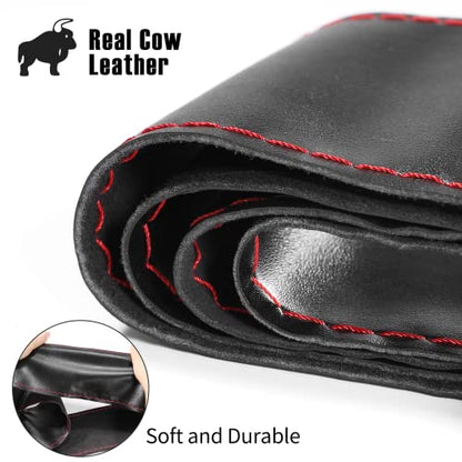 SEG Direct Genuine Leather Steering Wheel Cover, Stitch On Wrap, 15 Inch Steering Wheel Wrap for Car Truck SUV Pickup Boat, DIY Sewing with Needle Thread, Black with Red Thread - color: Black with Red Thread