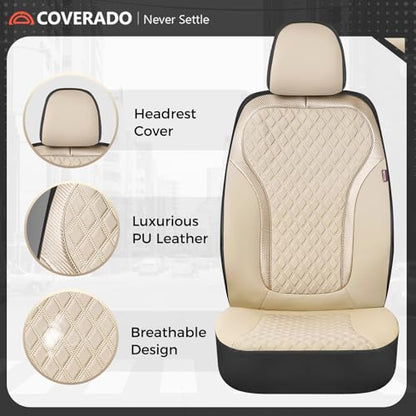 Coverado Car Seat Covers Full Set, Beige Car Seat Covers, Luxury Leather Car Seat Cover with Carbon Fiber Textured Design, Spill-Proof Seat Cushions, Automotive Seat Cover Universal Fit Most Cars - color: Beige, size: Full set