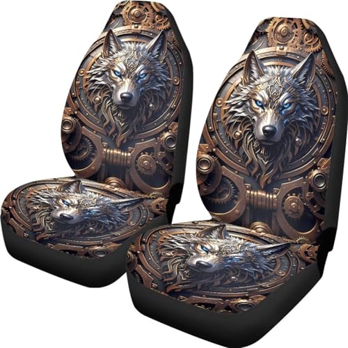 Blue & Gold Punk Wolf Print Car Front Seat Covers, Thin Breathable Easy to Install Automotive Bucket Seat Covers Fits Most Cars SUV Trucks, 2 Piece - color: Blue & Gold Punk Wolf
