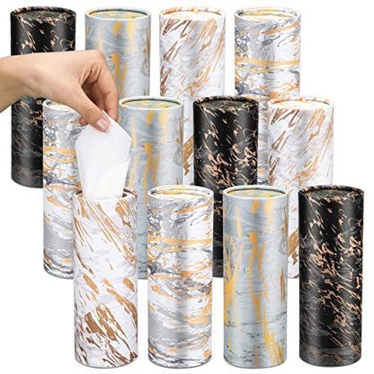 Thenshop 12 Pack Car Tissue Holder 3 Ply Facial Tissue Bulk Marble Modern Tissues Cylinder Travel Round Boxes Fits Car Cup Holders Small Tissues Container for Home Bathroom Everyday Refill