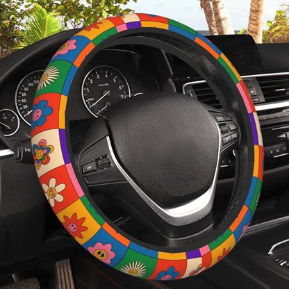Abstract Groovy Flowers Steering Wheel Covers Universal 15 Inch Car Wheel Cover,Anti-Slip Breathable Car Accessories Protector Fit for Trucks,Sedans,SUVs,Vans - color: Abstract Groovy Flowers