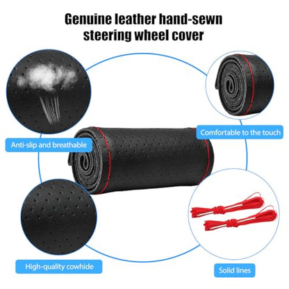 Genuine Leather Car Steering Wheel Cover, DIY Sewing Stitch on Wrap Auto Wheel Cover with Needle Thread, Breathable Anti-Slip Vehicle Steering Stitching Protector, Universal Fit (Black/Red) - color: Black/Red