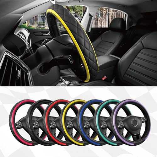 Road Comforts Leather Steering Wheel Cover – Black & Yellow, Universal Fit 14.5-15 Inch, Microfiber Leather, Anti-Slip & Breathable Design for Men and Women - color: Yellow