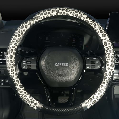 KAFEEK Leopard Print Steering Wheel Cover for Women, Classy Carbon Fiber and Soft Microfiber Leather, 15 Inch Universal Car Wheel Protector, Aesthetic Off-White Cheetah Print, Anti-Slip & Breathable