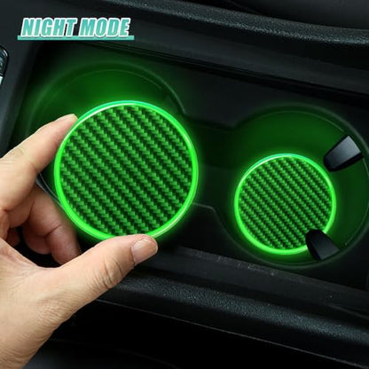 2PCS Car Cup Holder Coaster, 2.7 Inch Carbon Fiber Non-Slip Embedded Drink Mat, Luminous Cup Holder Insert Coaster Pad, Universal Car Interior Decoration Accessories for Women Men(No Mark)