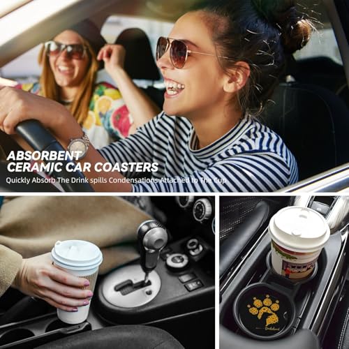 Absorbent Ceramic Car Coasters for Cup Holders, Dachshund Sunflower Dog Paw Design 2.56" Anti Slip Universal Drink Cup Coasters for Women Men (2 Pack) - color: Dachshund Sunflower Dog Paw