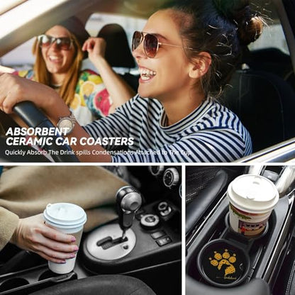 Absorbent Ceramic Car Coasters for Cup Holders, Dachshund Sunflower Dog Paw Design 2.56" Anti Slip Universal Drink Cup Coasters for Women Men (2 Pack) - color: Dachshund Sunflower Dog Paw