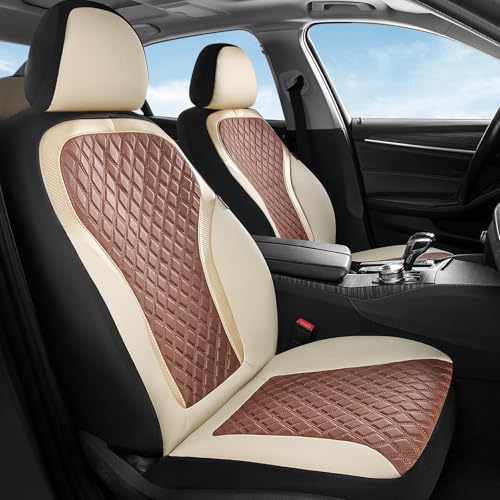 Coverado Car Seat Covers Full Set, Beige Brown Car Seat Covers, Luxury Diamond Leather Car Seat Cover with Carbon Fiber Weave, Spill-Proof Seat Cushions, Automotive Seat Cover Universal Fit Most Cars - color: BeigeBrown, size: Full set