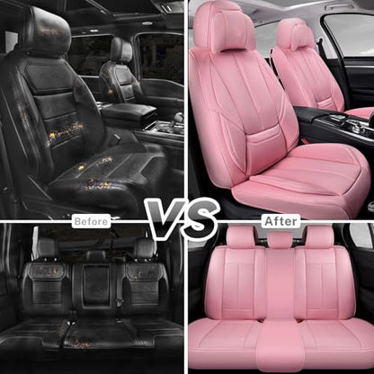 CAR PASS Nappa Leather Seat Covers Full Set Cushioned, Universal Waterproof Durable, All Pink Car Seat Covers Leatherette Support Lumbar Women Fit for SUV Pick-up Truck Sedan Cute 5 Seats Solid Pink - color: Pink Full Sets