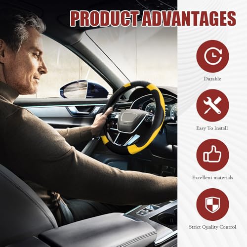 Car Steering Wheel Cover, Steering Wheel Protector, Universal 14.5-15 Inch Microfiber Leather Breathable Auto Steering Wheel Covers, Carbon Fiber Steering Wheel Cover for Women Men (Yellow) - color: Yellow