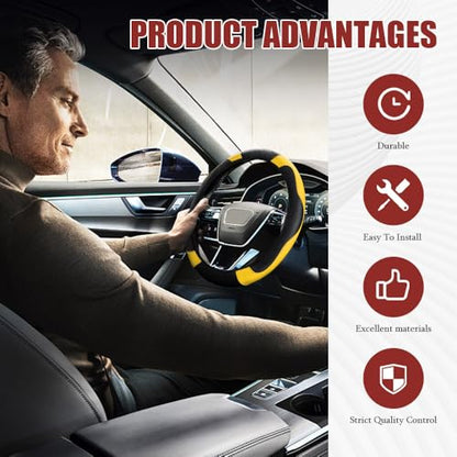 Car Steering Wheel Cover, Steering Wheel Protector, Universal 14.5-15 Inch Microfiber Leather Breathable Auto Steering Wheel Covers, Carbon Fiber Steering Wheel Cover for Women Men (Yellow) - color: Yellow