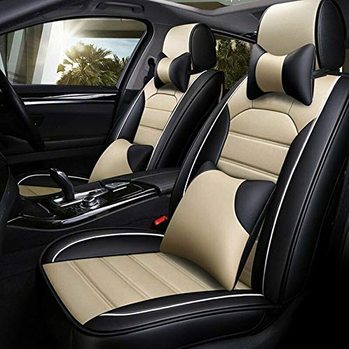 Universal 5 Seats PU Leather Car Seat Cover Full Set Front + Rear Cushions w/Pillows Black/Beige - color: Black/ Beige