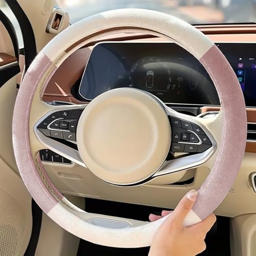 Car Steering Wheel Cover, Linen Full Surround Steering Wheel Outer Protector Shell Set, 15" Universal Breathable Soft Protector Cover Shell for Car Interior Decoration Accessories（White Pink） - color: White Pink