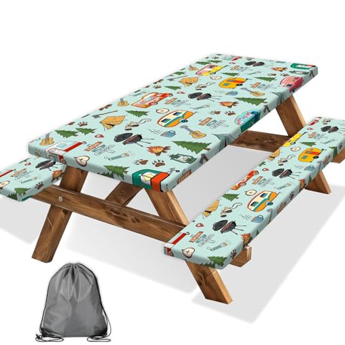 Camping Picnic Table Cover with Bench Covers and Bag, Camping Essentials, Waterproof Windproof Fabric, Fitted Tablecloth Cover with Elastic Edge, for Indoor & Outdoor, Garden, 3 PCS, 30x96 Inch - color: Camping & Rv, size: 30" x 96"
