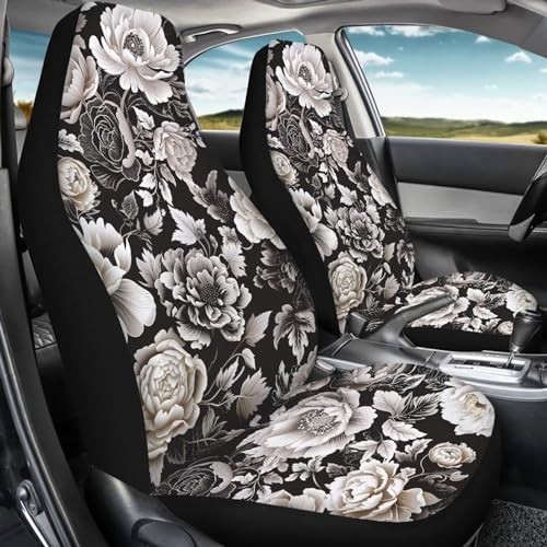 Black White Flower Universal Front Seat Covers, Pack of Two Easy to Install Fit for Trucks Vans SUV Sedans Automotive Comfortable - color: Black White Flower