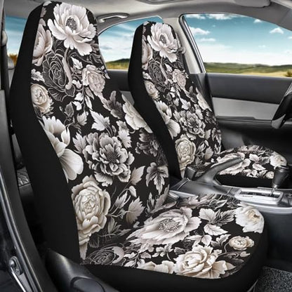 Black White Flower Universal Front Seat Covers, Pack of Two Easy to Install Fit for Trucks Vans SUV Sedans Automotive Comfortable - color: Black White Flower