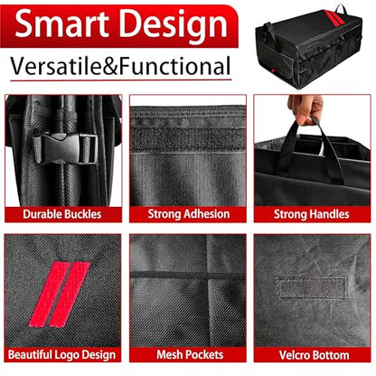 YOSRTER Car Trunk Organizer for Dodge Charger Durango Challenger Ram Collapsible Storage Box with Handle Foldable Lid Non Slip Bottom 2 Compartment Sturdy Base Panel for Dodge Accessories(Red Trim)