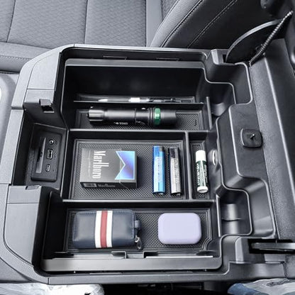 Center Console Organizer Compatible with 2019-2022 Chevy Silverado/Sierra 1500 and 2020-2023 Silverado/Sierra 2500HD 3500HD Accessories Armrest Full Size Tray,Full Console w/Bucket Seats ONLY,Black