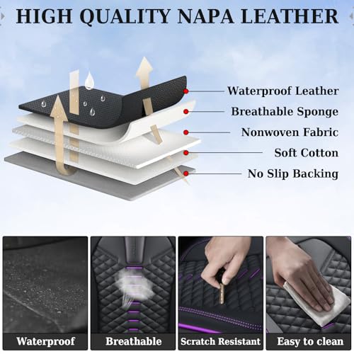Coverado Car Seat Covers Front Seats, Nappa Leather Black&Purple Car Seat Cover, Automotive Seat Covers, Waterproof Driver Seat Protector, 2 Pack Front Seat Cover Car Seat Cushion Fit for Most Cars