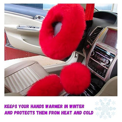 Ziciner 3PCS Wool Steering Wheel Cover with Fuzzy Handbrake Cover & Gear Shift Cover, Universal 15 Inch Steering Wheel Fluffy Soft Protector, Comforting Warm Car Decoration for Women Men (Red) - style: Red