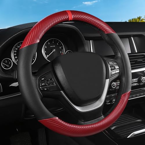 Black & Red Carbon Fiber Leather Steering Wheel Cover, 14.5-15 Inch Non-Slip Breathable Microfiber Leather Car Steering Wheel Protector for Men Women - color: Carbon Fiber - Black & Red