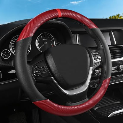 Black & Red Carbon Fiber Leather Steering Wheel Cover, 14.5-15 Inch Non-Slip Breathable Microfiber Leather Car Steering Wheel Protector for Men Women - color: Carbon Fiber - Black & Red