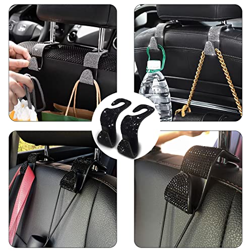 2PCS Car Seat Hooks - Bling Rhinestone Headrest Hooks with Universal Design - Perfect for Holding Handbags, Clothes, Purses, and Water Bottles - Black