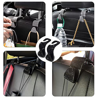 2PCS Car Seat Hooks - Bling Rhinestone Headrest Hooks with Universal Design - Perfect for Holding Handbags, Clothes, Purses, and Water Bottles - Black