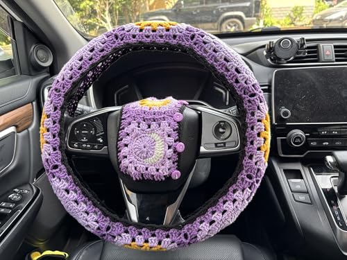 Handmade Crochet Sun Moon Car Steering Wheel Covers Universal 14-15 inch,Cute Steering Wheel Cover,Car Accessories (B:Wheel Cover+2 Belt Cover) - color: B:Wheel Cover+2 Belt Cover