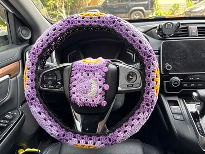 Handmade Crochet Sun Moon Car Steering Wheel Covers Universal 14-15 inch,Cute Steering Wheel Cover,Car Accessories (B:Wheel Cover+2 Belt Cover) - color: B:Wheel Cover+2 Belt Cover