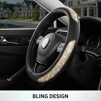 Road Comforts Pixel Glitter Steering Wheel Cover, 14.5–15 Inch Leather Steering Wheels Snug Fit, Anti-Slip Leather Grip, Elegant Sparkle Design, Universal Fit - Golden