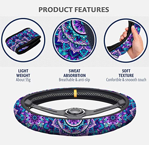 4 Pieces Mandala Purple Lotus Steering Wheel Cover Set with 2pcs Car Cup Coasters & Quarter Keyring, Cute and Fashionable Non-Slip Purple Steering Wheel Cover, Universal Fit 14-15.5 inches