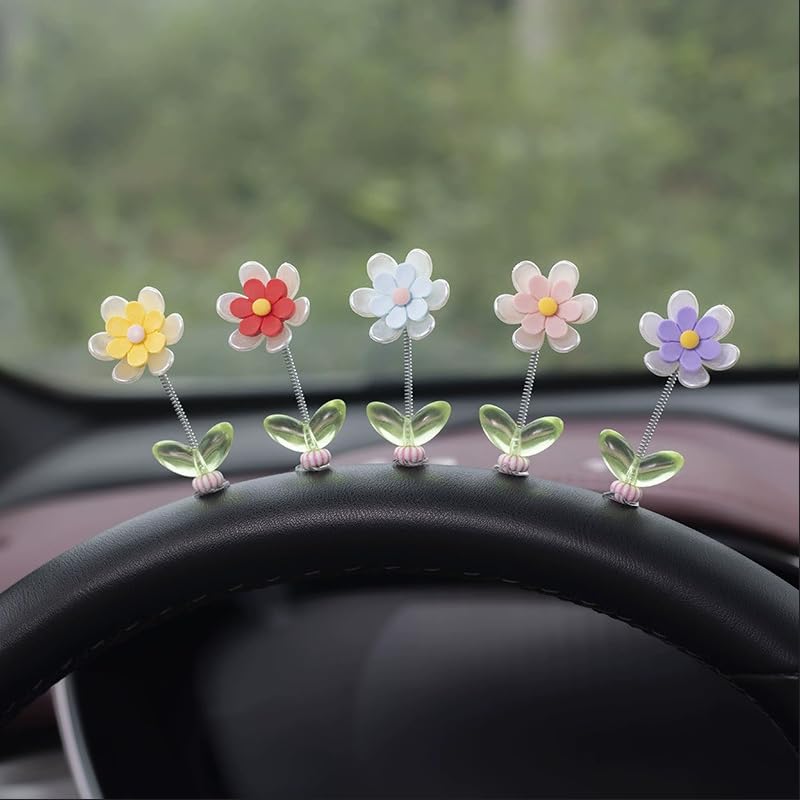 5pcs Ucubwfu Car Center Console Daisy Spring Ornament, Car Interior Flower Ornament