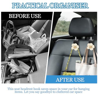 4PCS Car Seat Headrest Hook, Cute Flower Car Seat Back Hanging Hook, Auto Seat Purse Hanger Organizer for Handbag Clothes Coat Grocery Bag, Universal Interior Car Accessories (White)