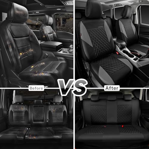 CAR PASS Quilting Leather Seat Covers Full Set,Universal Waterproof Deluxe PU Premium Car Seat Cover with 5mm Composite Sponge Inside,Airbag Compatible,Front and Rear Seat Cover for Sedan SUV Van,Gray - color: Black And Gray, size: Full Set (Front and Rea